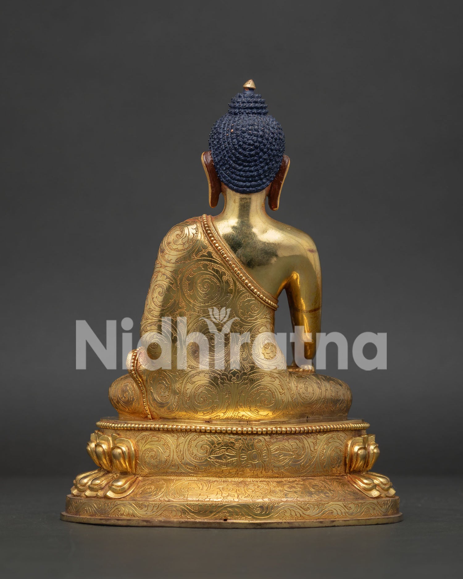 Back View Shakyamuni Buddha Statue Vajra Dharma Chakra and Deer Carving.