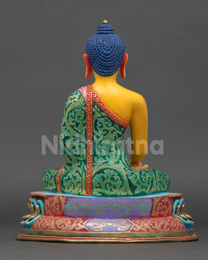 Back view of Shakyamuni Buddha statue with detailed lotus base and intricate engraved robes Himalayan Buddhist sculpture for altar meditation and home decor