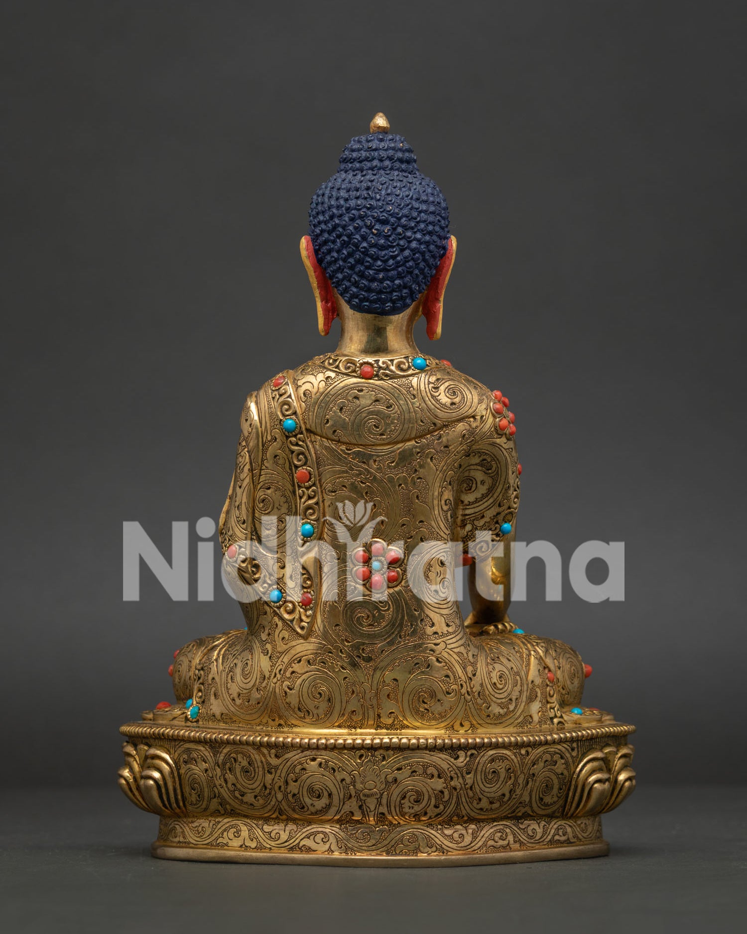 Back View Shakyamuni Buddha Statue with Intricate Hand Carved Robe Details.
