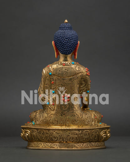 Back View Shakyamuni Buddha Statue with Intricate Hand Carved Robe Details.