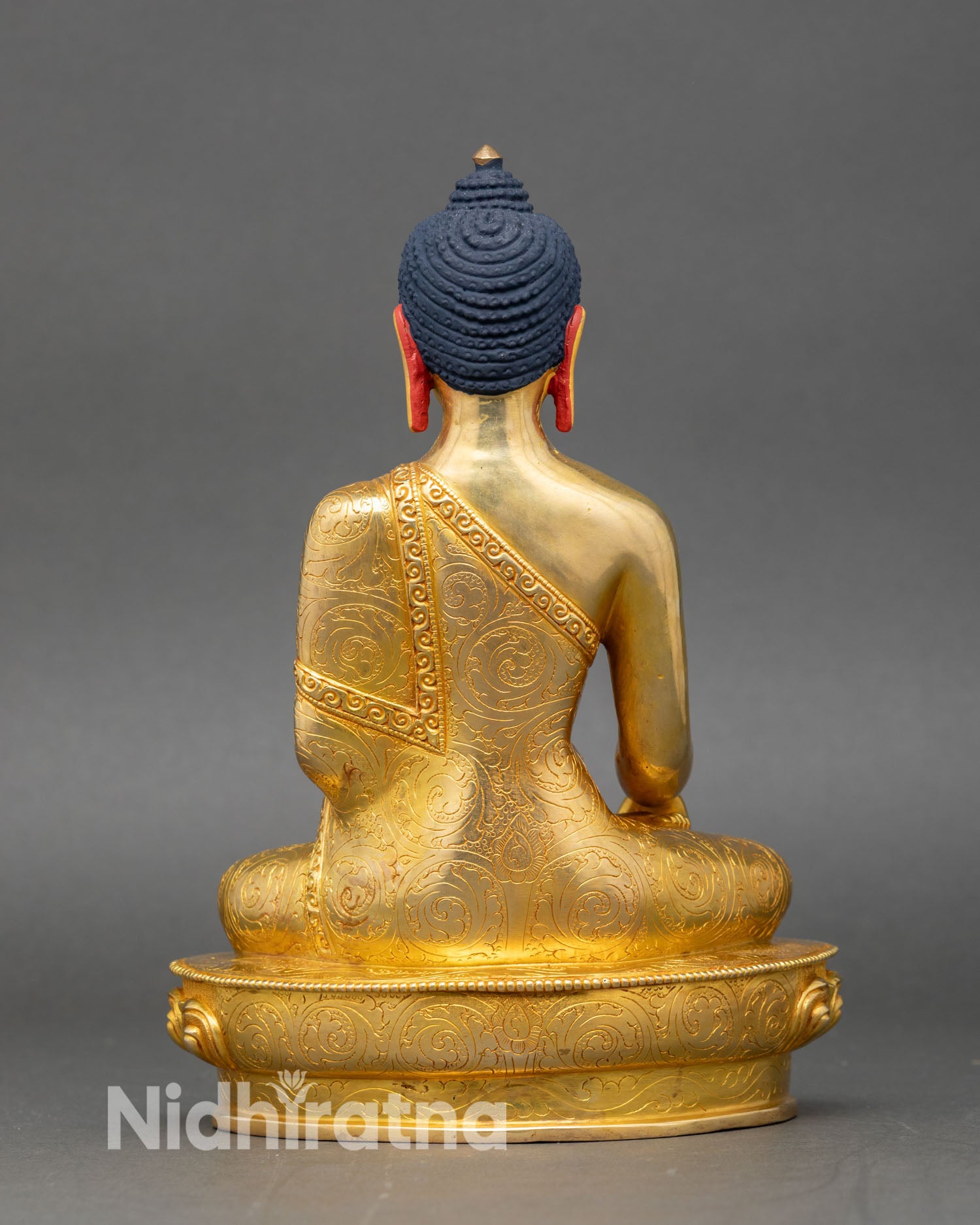 Back view Siddhartha Gautama Buddha intricate halo copper Buddhist decor
