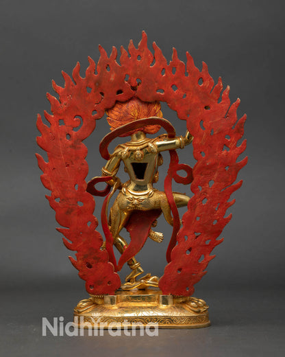 Back view Simha Mukha statue halo flames copper Buddhist protective deity