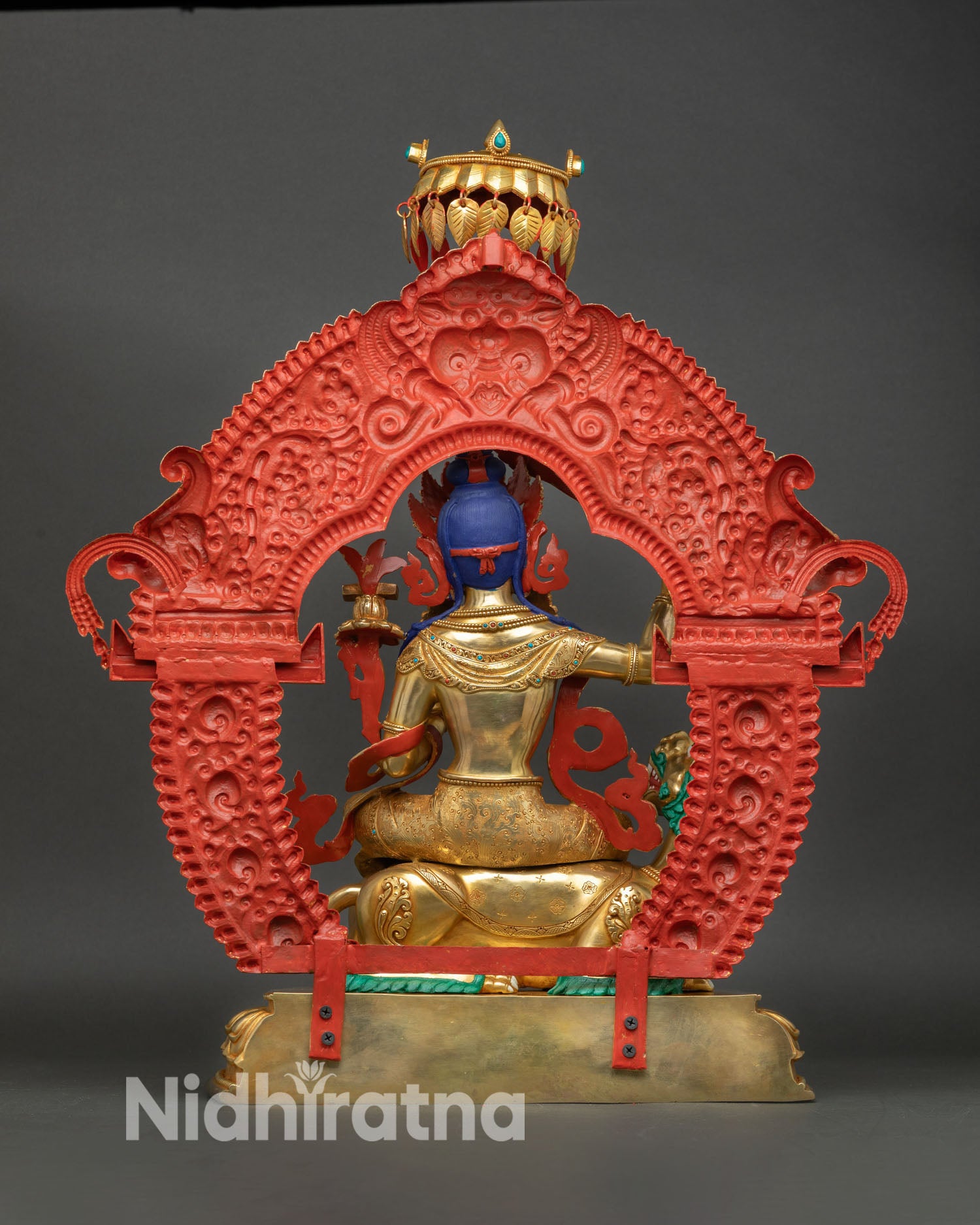 Back view Simhada Manjushree statue garuda throne turquoise parasol Himalayan craftsmanship