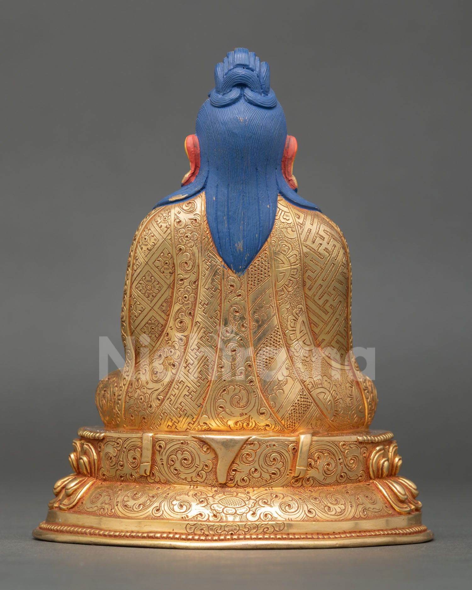 Back view of Thangtong Gyalpo sculpture 24K fire gilded copper statue Himalayan Buddhist Mahasiddha meditation altar decor