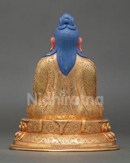 Back view of Thangtong Gyalpo sculpture 24K fire gilded copper statue Himalayan Buddhist Mahasiddha meditation altar decor