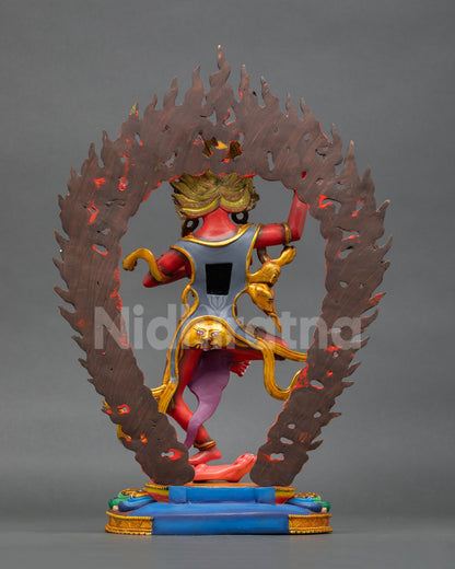 Back view Troma Nagmo statue, Nepal Buddhist copper sculpture, ornate detail