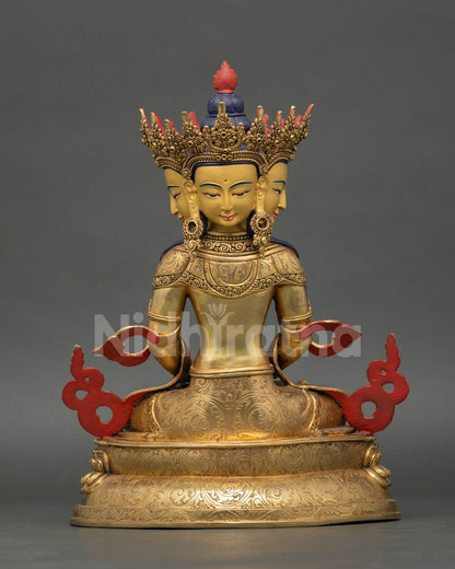 Back view vairocana buddha statue, engraved lotus pedestal and traditional handcrafted detailing