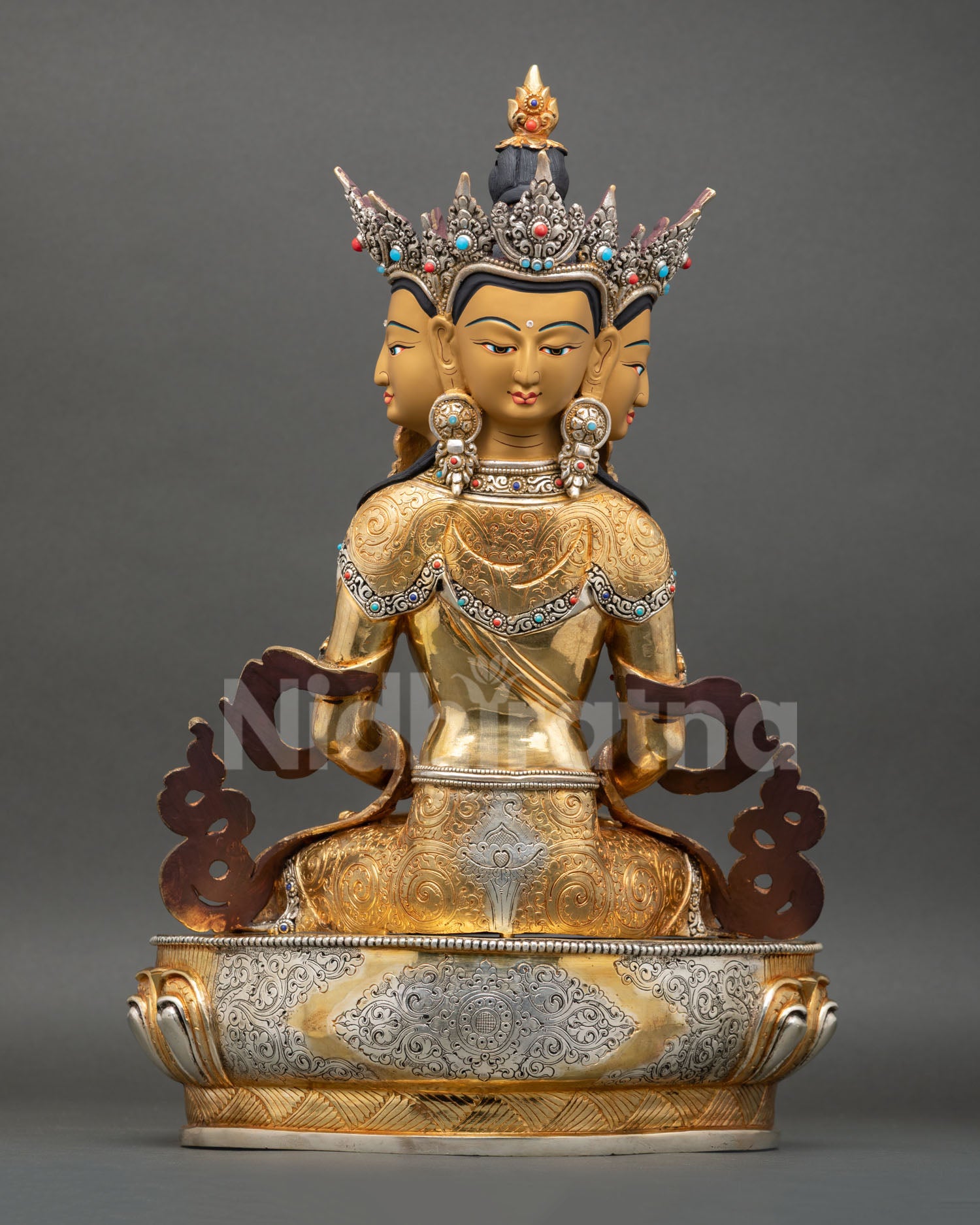 Back view of Vairocana Buddha statue lotus seat halo crown detailing Himalayan Buddhist art 24K gold gilded copper sculpture