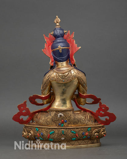 Back view of  Vajradhara statue, intricate lotus seat semi-precious stones detail