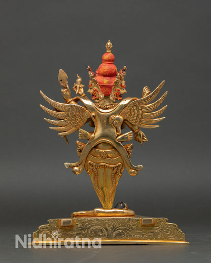 Back view of Vajrakilaya statue, Patan, Nepal handmade copper oxidized gold gilded Vajrayana deity sculpture, sacred altar spiritual decor