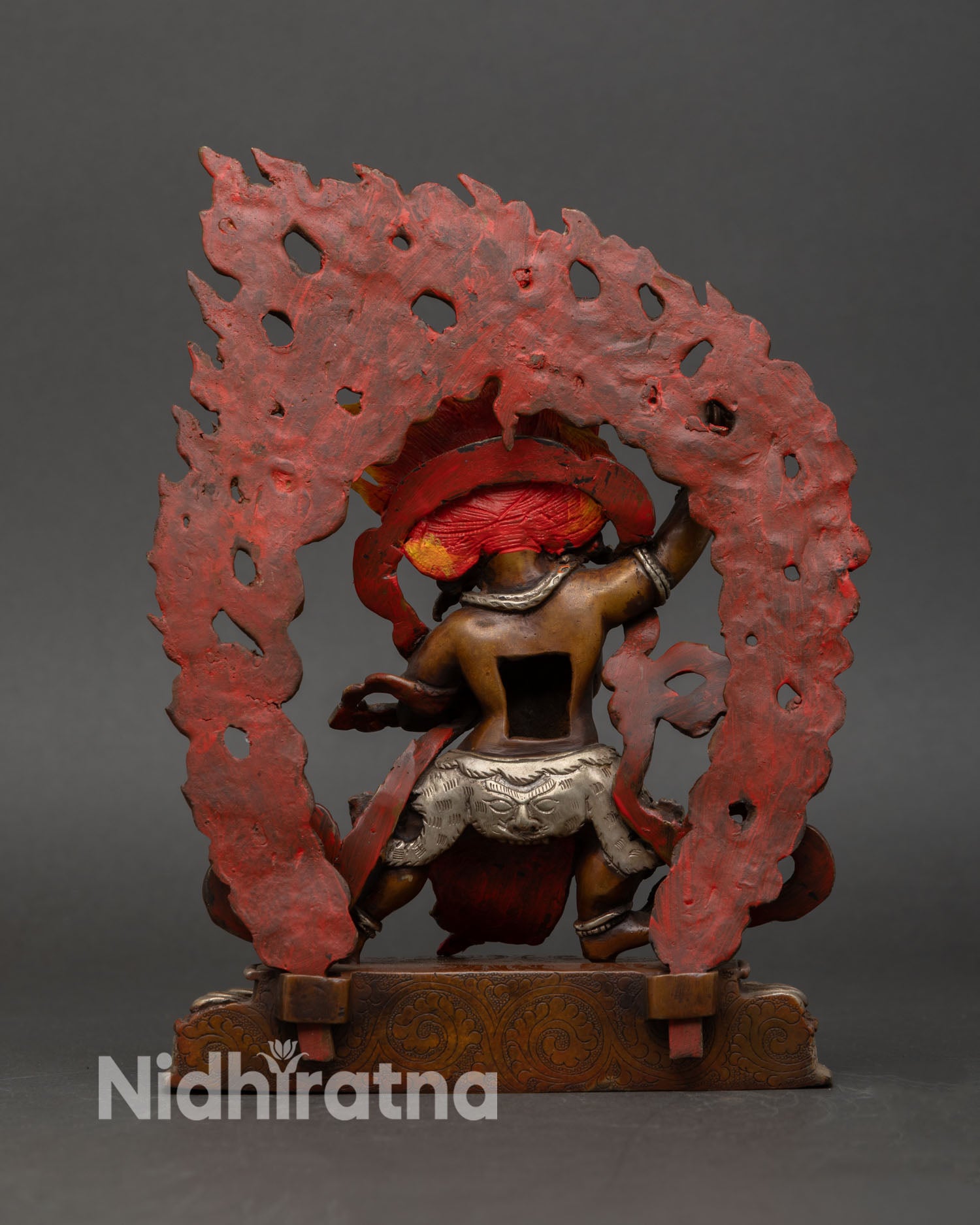 Back view of Vajrapani Chana Dorje sculpture, detailed craftsmanship copper artwork, meditation altar spiritual decor 