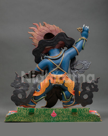 Back view of Vajrapani statue, Himalayan Buddhist protector deity copper sculpture, acrylic paint, intricate detailing, meditation altar, sacred decor