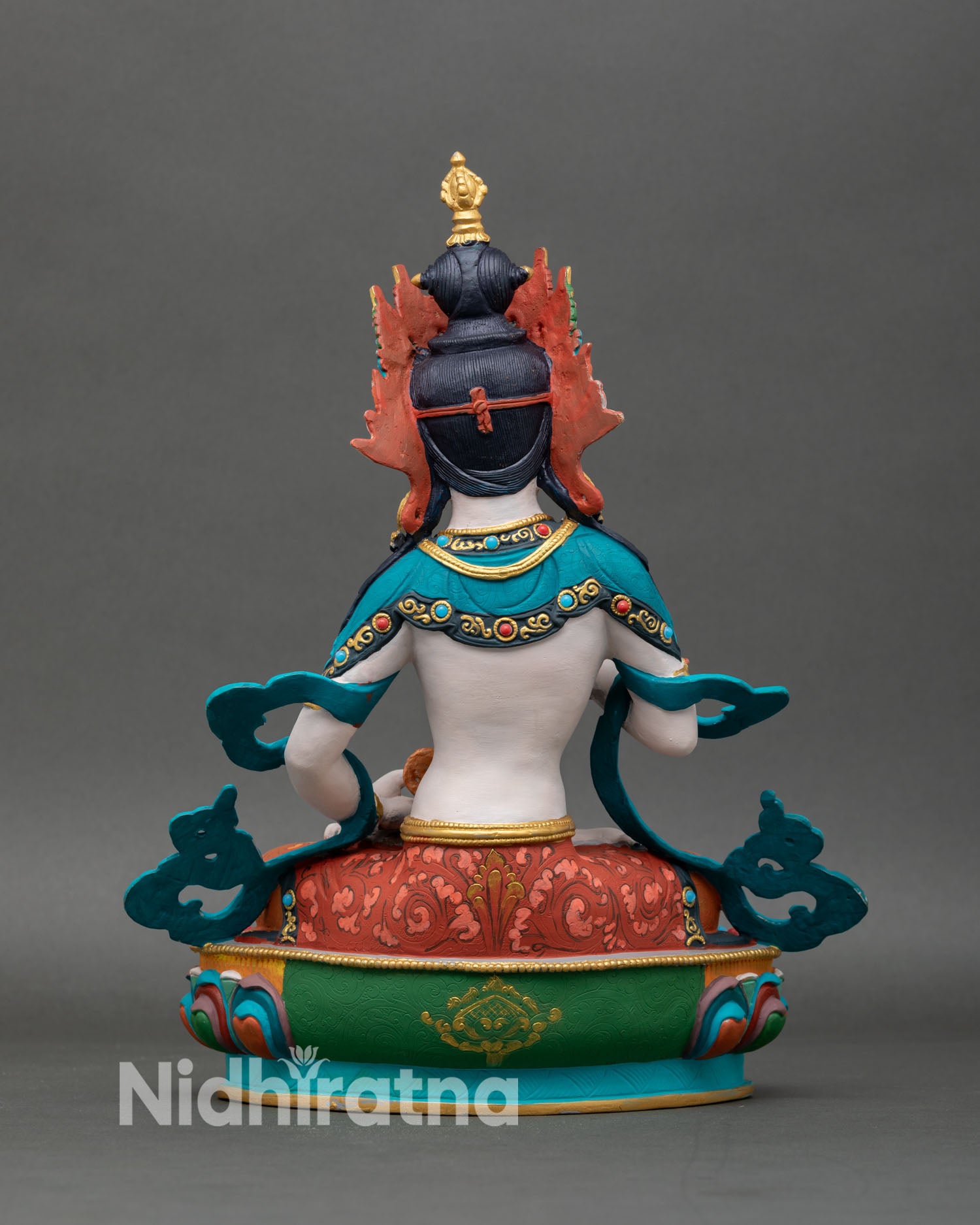 Back view Vajrasattva statue copper craftsmanship vibrant painted finish altar meditation figure Himalayan Buddhist sculpture