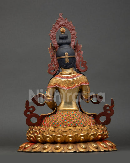 Back view of Vajrasattva statue halo design detailed robe carving Nepal handmade sacred deity sculpture meditation shrine decor