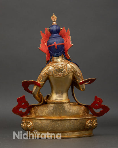 Back view of Vajrasattva statue intricate lotus pedestal copper artwork