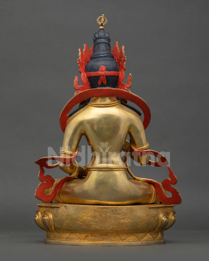 Back view of Vajrasattva Statue Nepal handmade gold gilded copper sacred Buddhist deity artwork detailed Himalayan craftsmanship