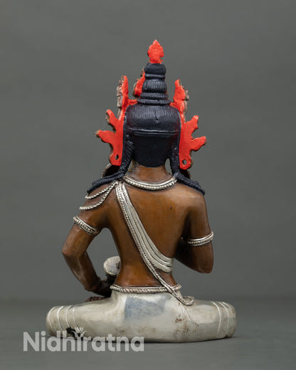 Back view of Vajrasattva statue oxidized finish silver plated detailing handmade Kathmandu Valley Buddhist sculpture sacred home decor