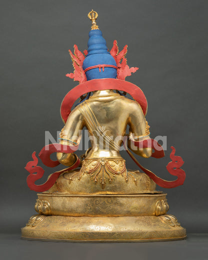 Back view Vajrasattva statue red flame scarves blue ushnisha gilded vajra finial