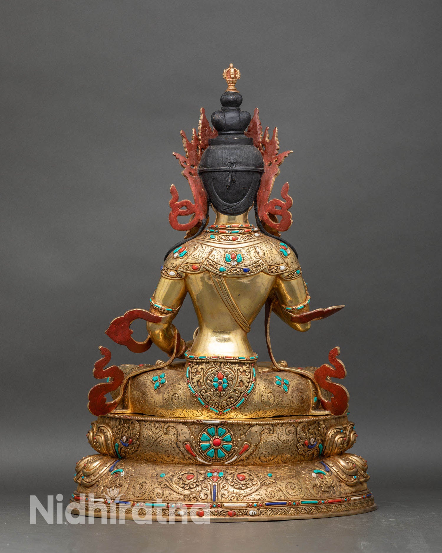 Back view of Vajrasattva statue with semi precious stones, perfect for meditation and altar decor.