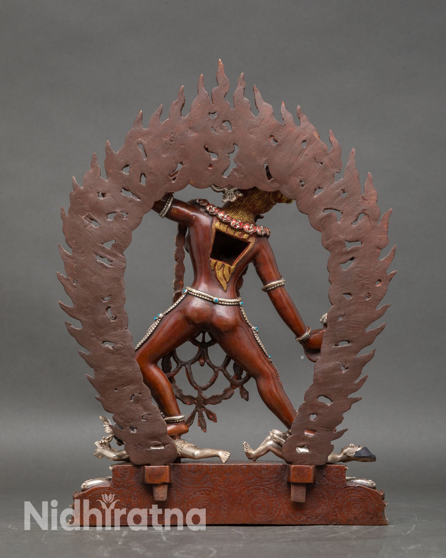 Back view of Vajrayogini statue ornate details oxidized finish Himalayan Buddhist art Nepal