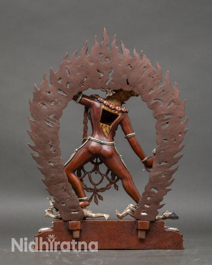 Back view of Vajrayogini statue ornate details oxidized finish Himalayan Buddhist art Nepal