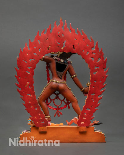 Back view of Vajrayogini statue radiant halo Nepal handmade Buddhist goddess sculpture for home altar decor spiritual awakening