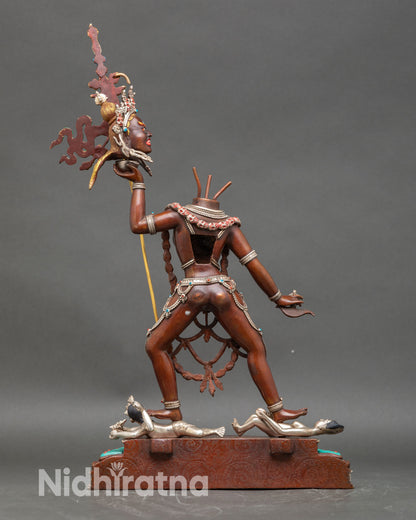 Back view of Vajrayogini Ucheyema statue intricate carvings oxidized finish Himalayan Buddhist sculpture