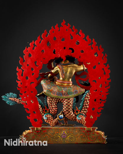 Back view of White Dzambhala statue copper sculpture intricate detailing hand painted wealth deity spiritual home decor