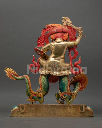 Back view of White Dzambhala statue Dragon Kubera base hand painted details, handmade wealth deity sculpture spiritual home shrine decor