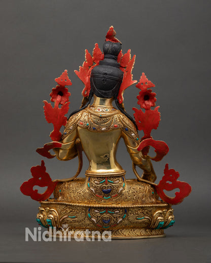 Back view of white tara statue 24k gold fire gilded nepalese buddhist art semi precious stones ornament details