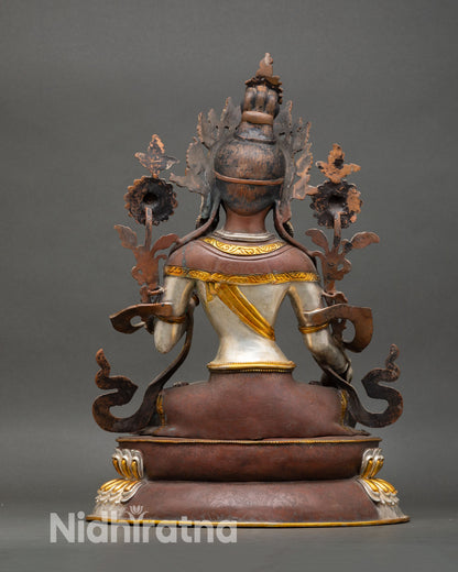 Back view of White Tara statue handcrafted copper intricate detailing Nepal