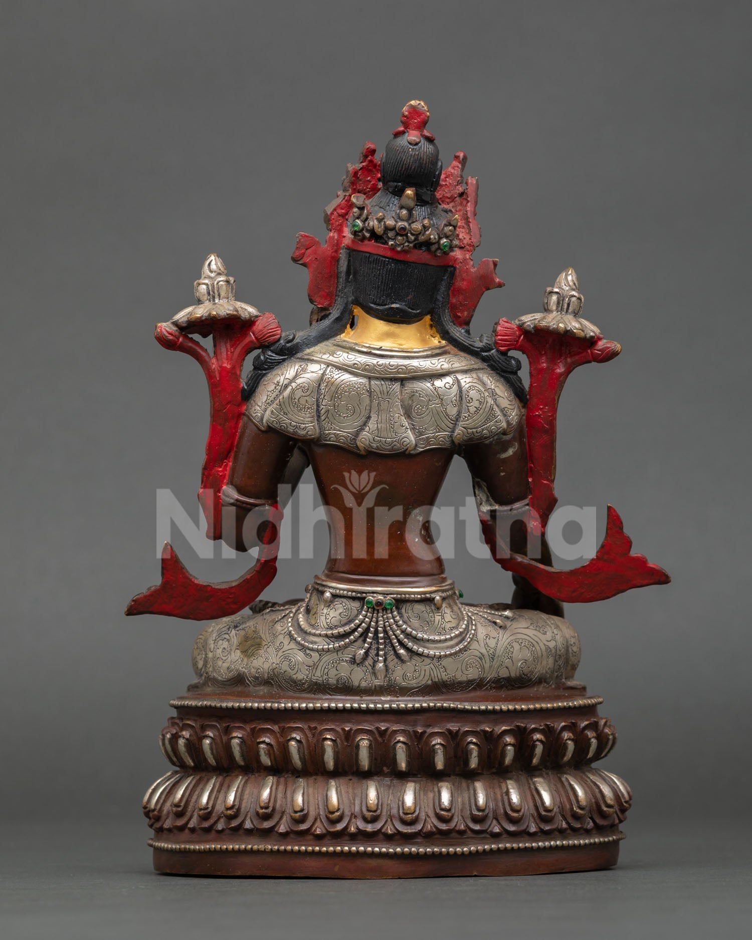 Back view of White Tara statue handcrafted, oxidation silver plating spiritual altar decor, Himalayan Buddhist goddess longevity healing sculpture