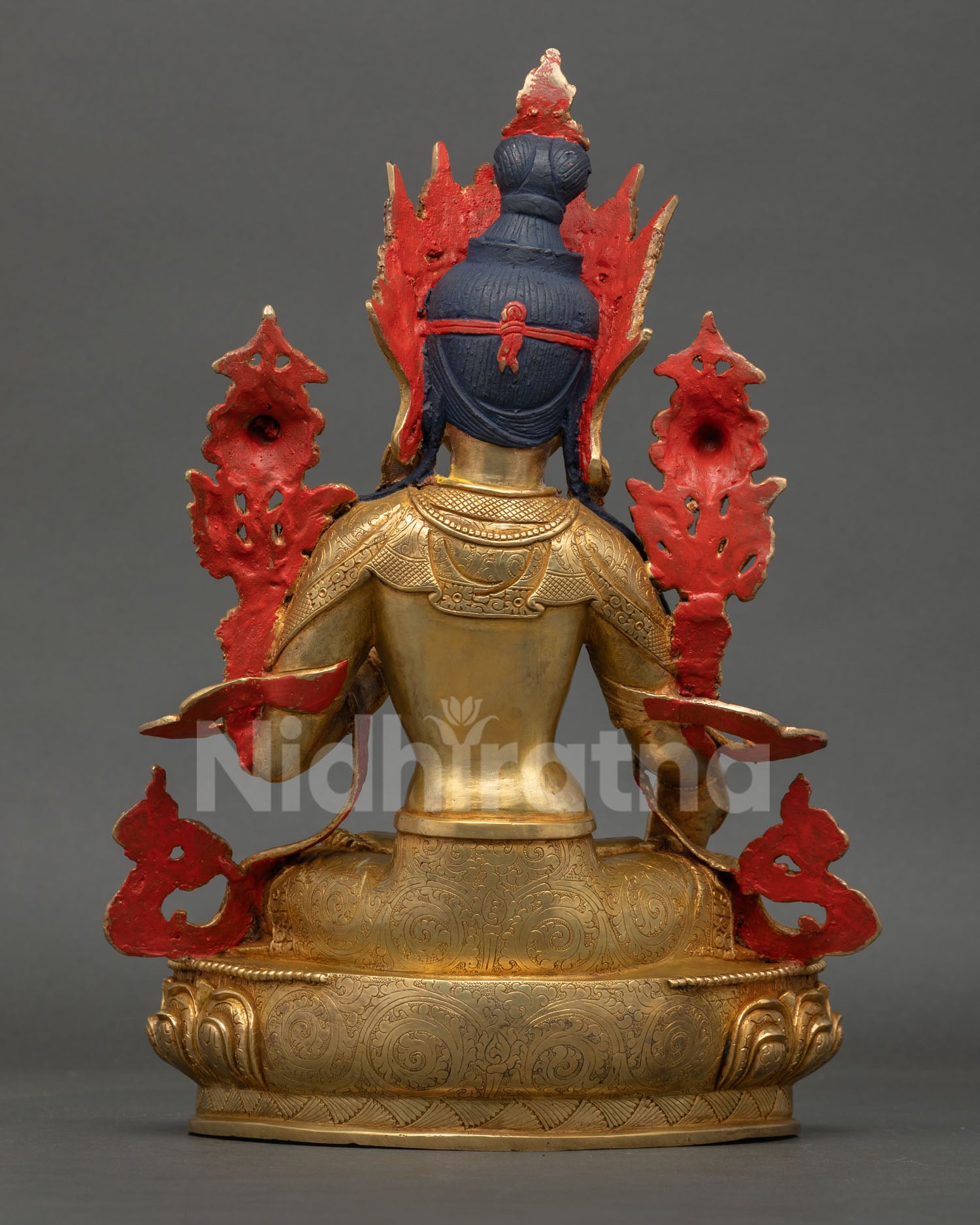 Back view of White Tara Statue, handmade sacred Buddhist goddess artwork with fine gold detailing and spiritual decor elements