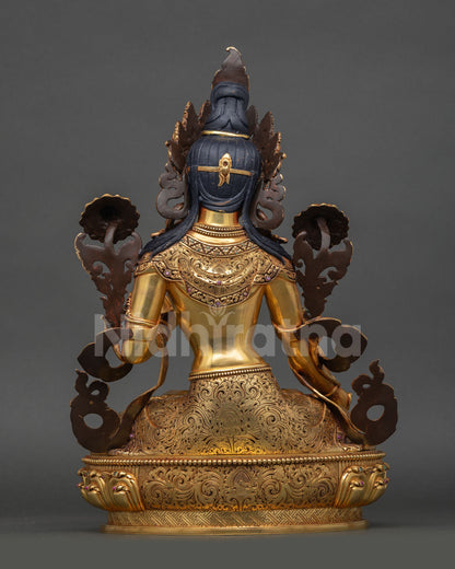 back view white tara statue ornate lotus pedestal intricate carvings nepalese sacred art
