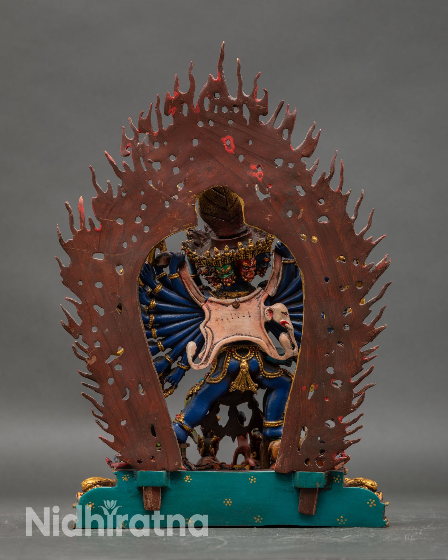 Back view Yamantaka statue intricate details lotus pedestal vibrant blue acrylic colors Himalayan Buddhist sculpture