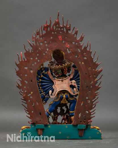 Back view Yamantaka statue intricate details lotus pedestal vibrant blue acrylic colors Himalayan Buddhist sculpture