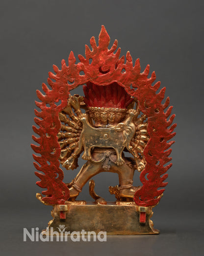 Back view Yamantaka Statue wrathful protector deity lotus base blazing flames altar meditation sacred buddhist art