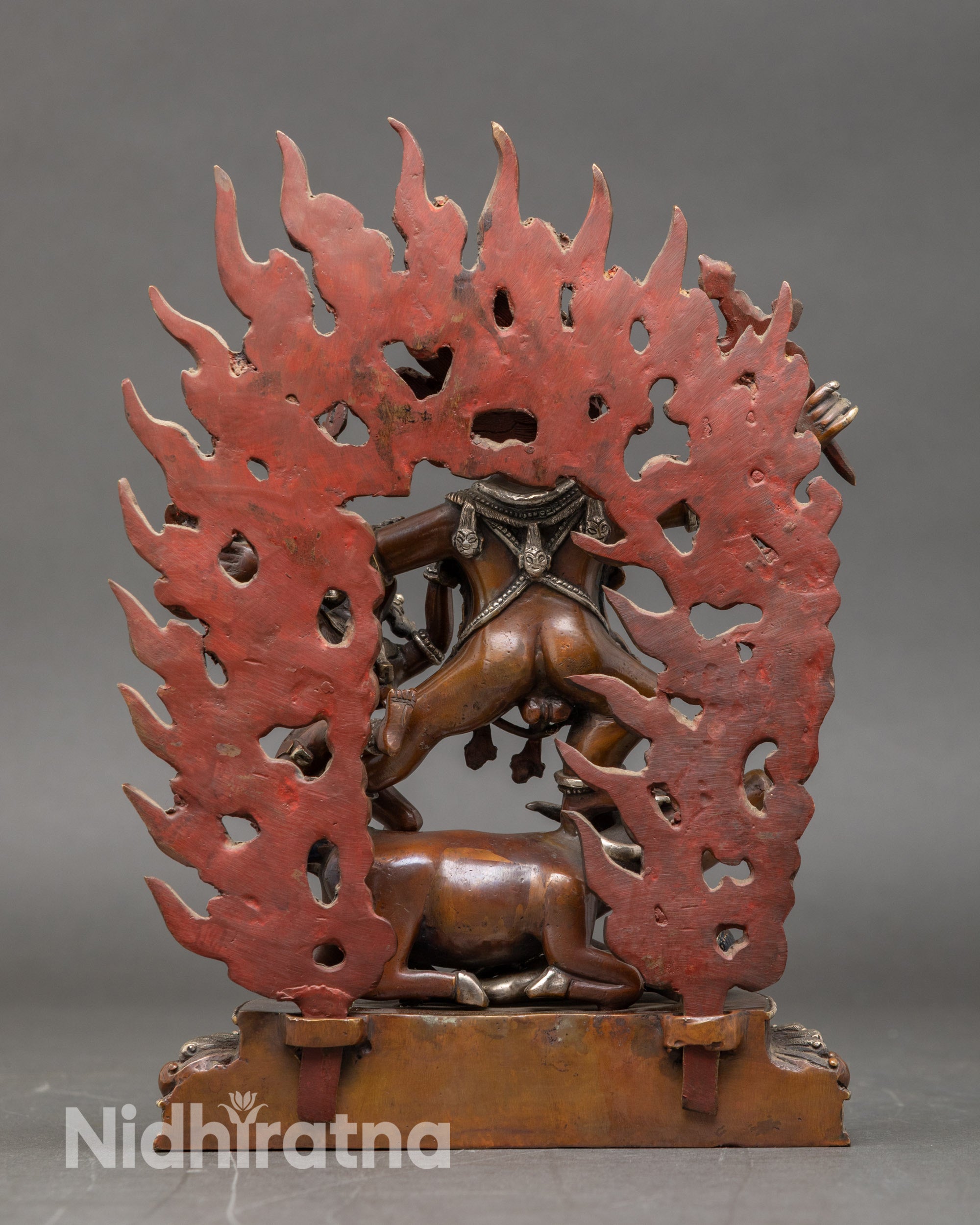 Back view Yamantaka Union sculpture handcrafted Himalayan Buddhist deity oxidized copper