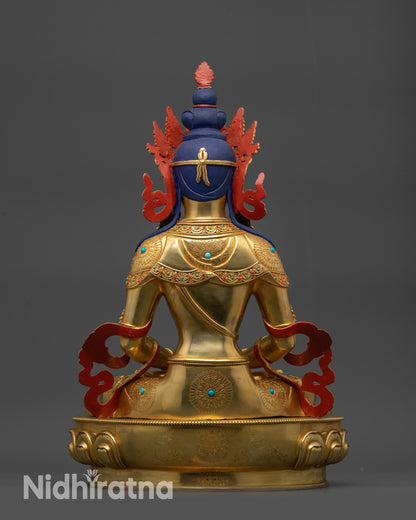 back view Amitayus Vajrayana Buddha statue, copper-alloy, traditional Tibetan sculpture