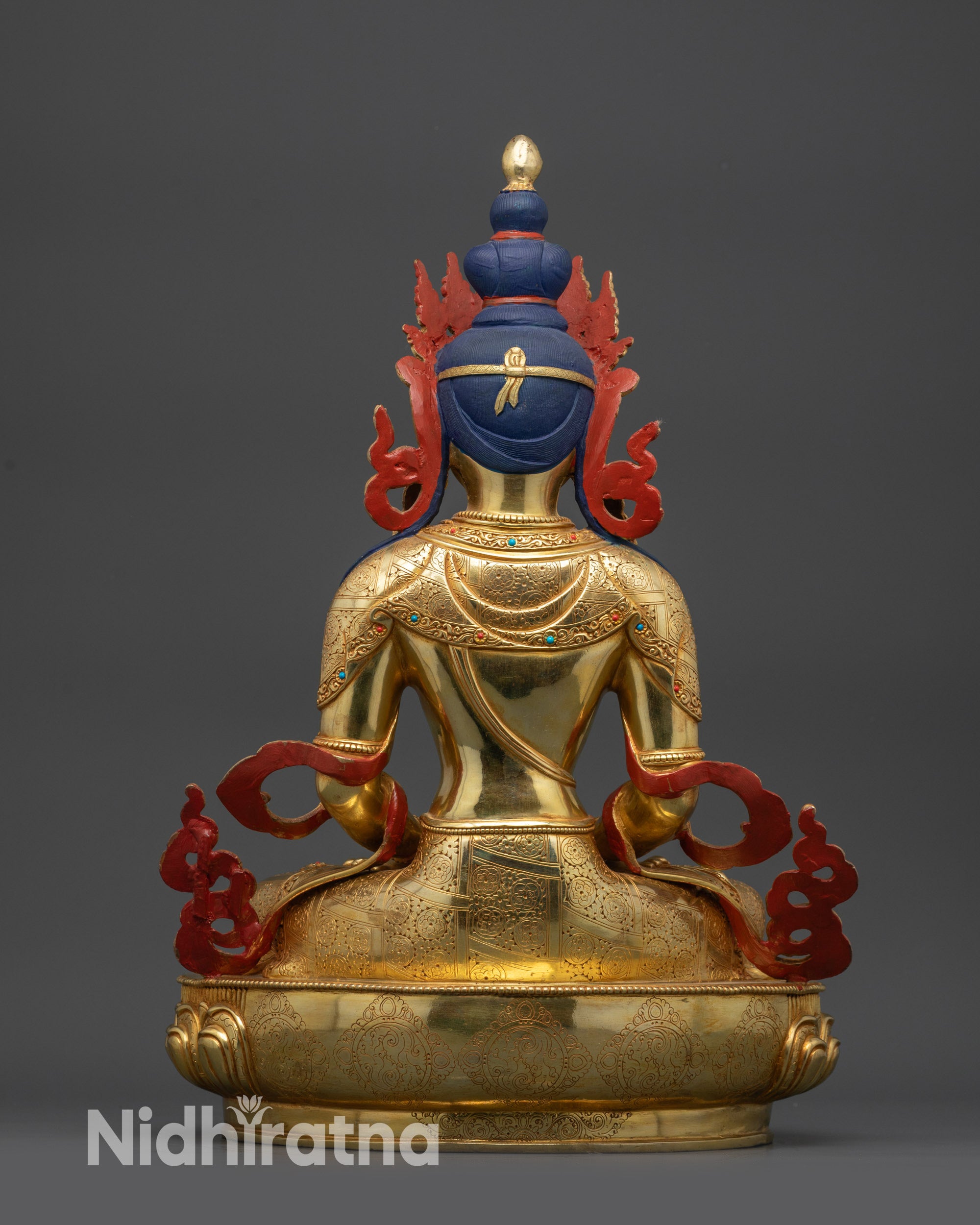 back view Amitayus statue detailed robe patterns Nepalese Newari craftsmanship