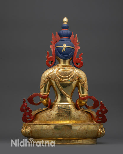 back view Amitayus statue detailed robe patterns Nepalese Newari craftsmanship