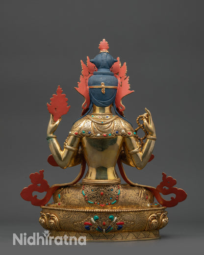 back view Chenrezig statue highlighting lotus pedestal, semi-precious stones, and gold base
