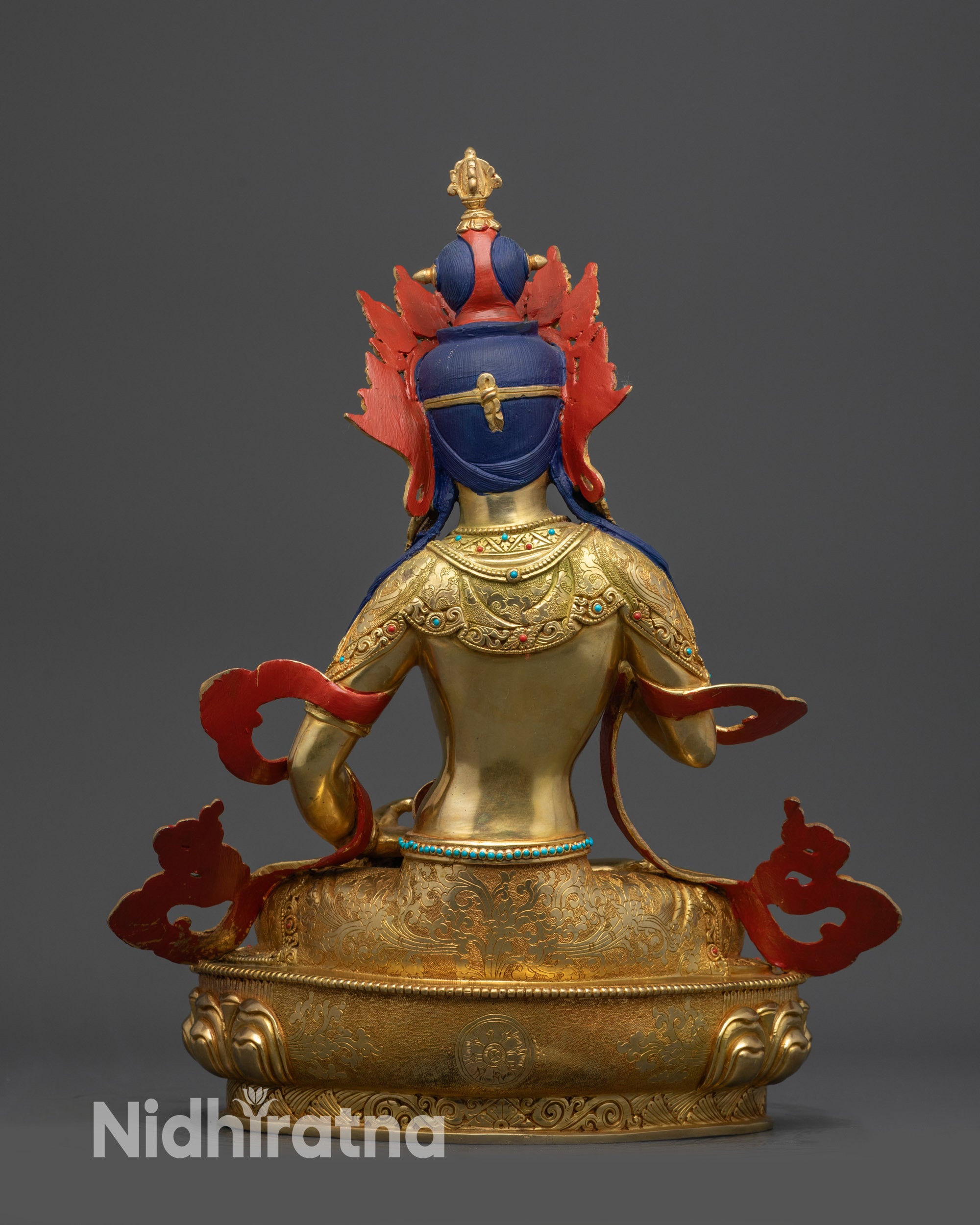 back view Dorje Sempa Vajrasattva statue with Dharmachakra carved on lotus seat