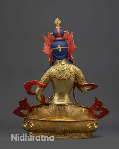 back view Dorje Sempa Vajrasattva statue with Dharmachakra carved on lotus seat