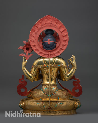 back view Four-Armed Chenrezig statue showcasing halo, lotus seat and back details