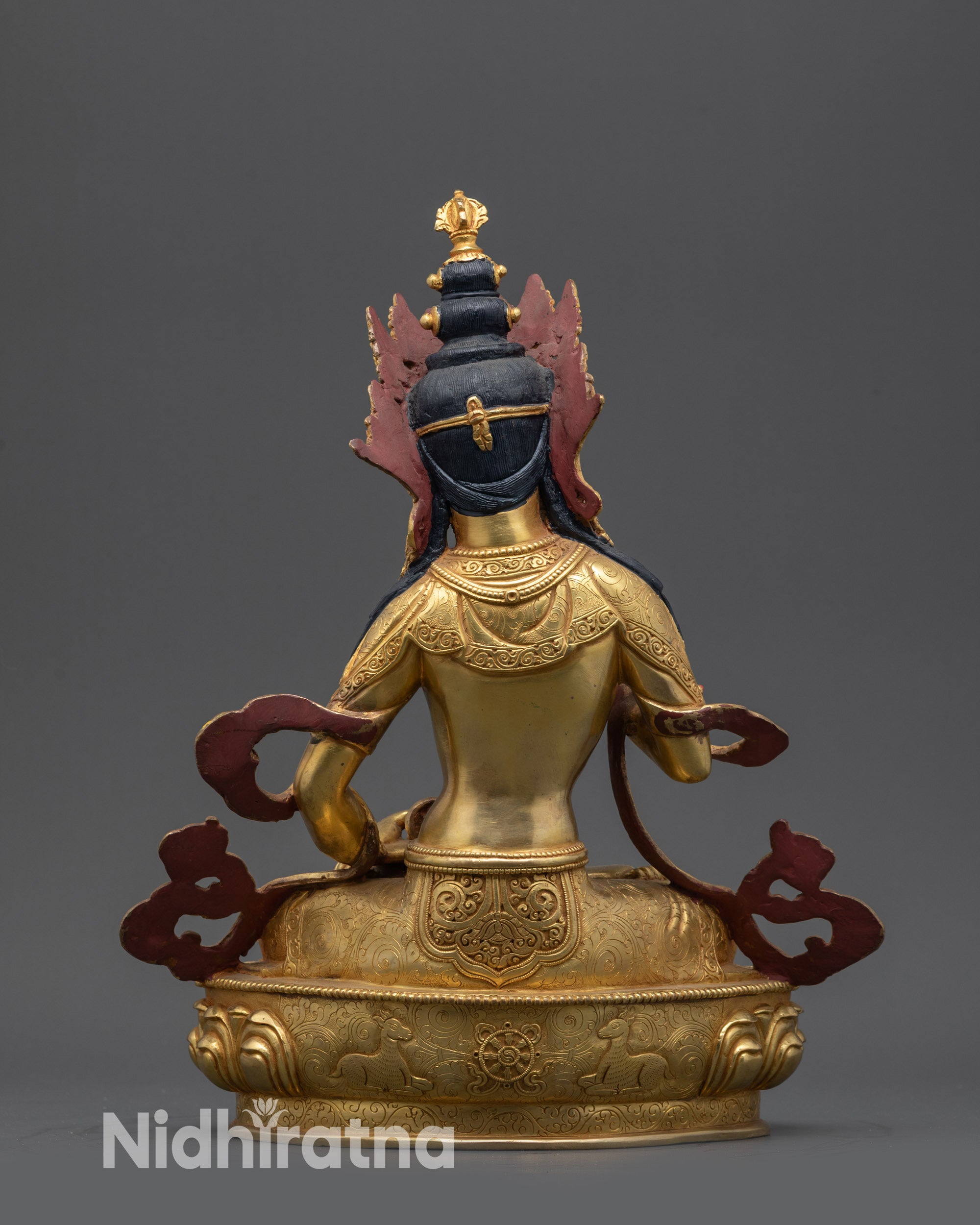 back view Gold-Gilded Vajrasattva lotus seat with carved deer and Dharma wheel motif