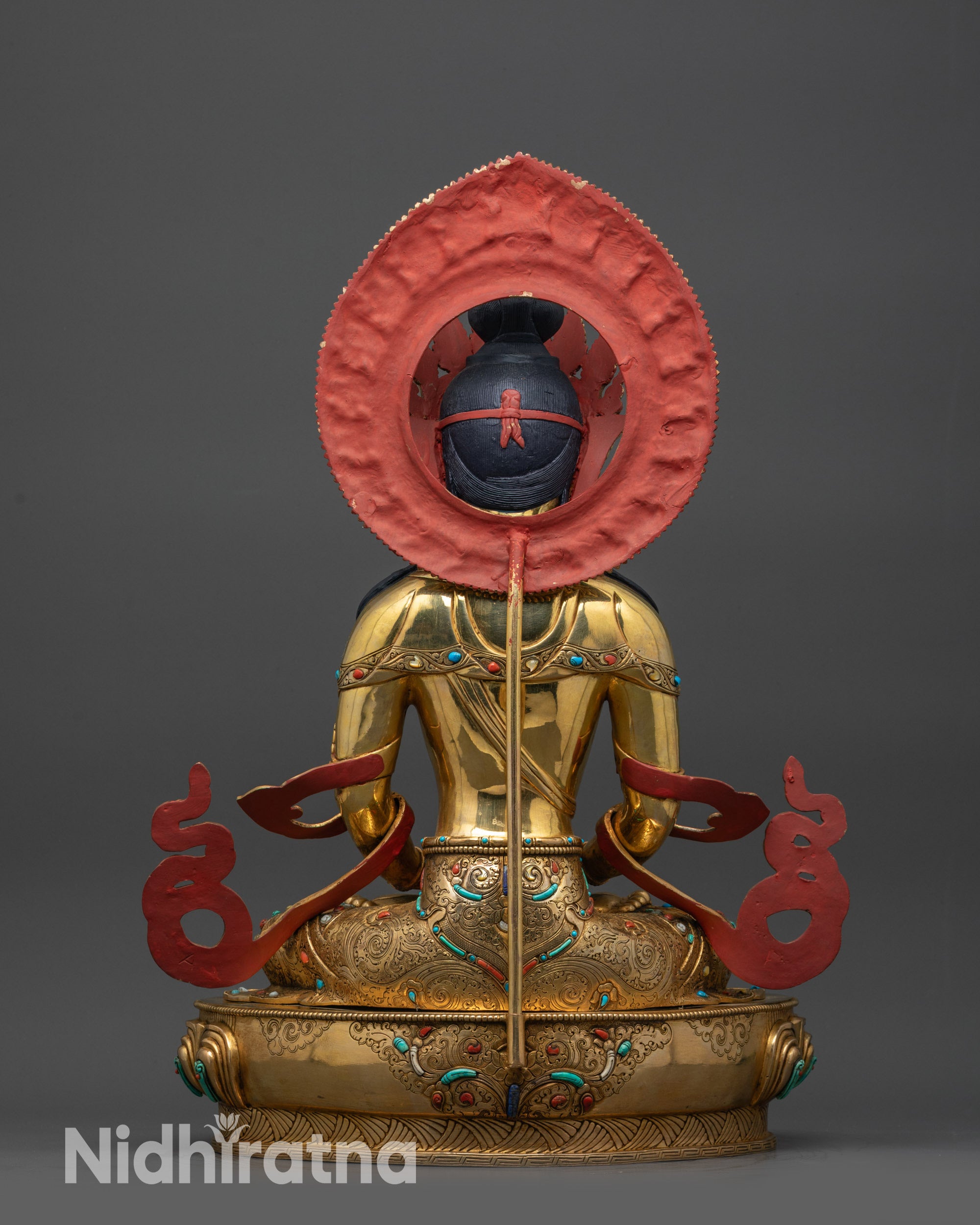 back view Golden Amitayus statue showcasing ornate halo design and finely carved flowing robe
