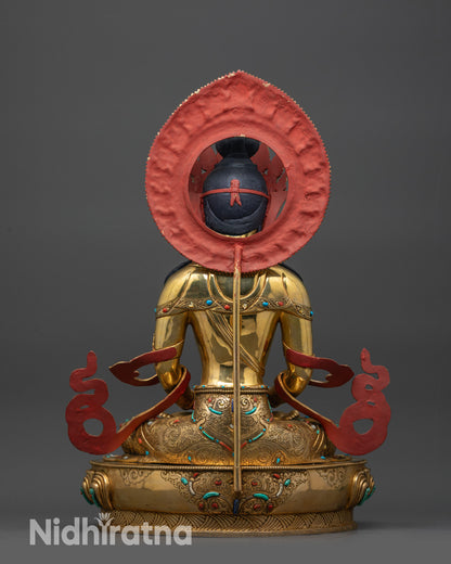 back view Golden Amitayus statue showcasing ornate halo design and finely carved flowing robe