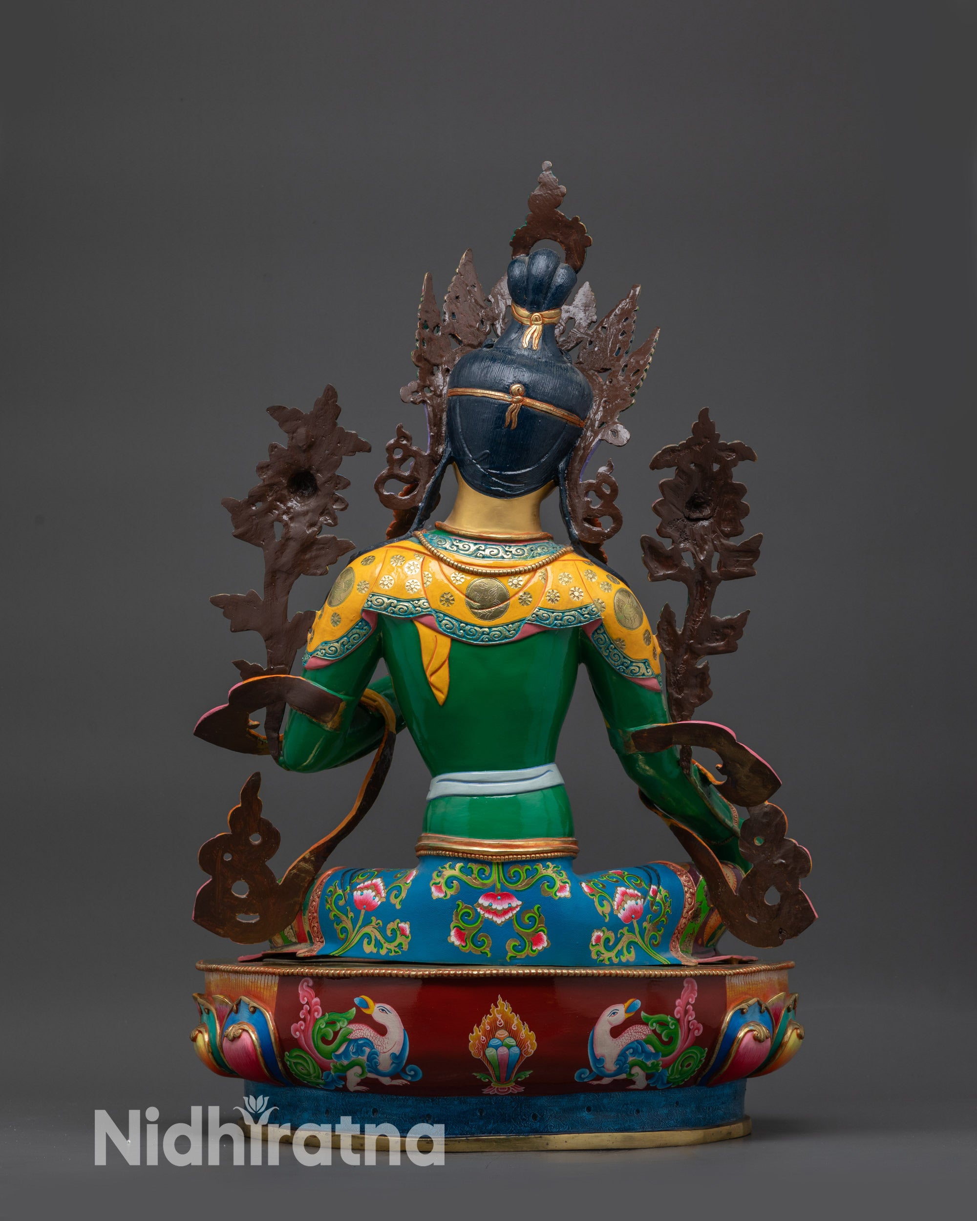 back view Green Tara Statue with detailed copper base and thangka-inspired painting