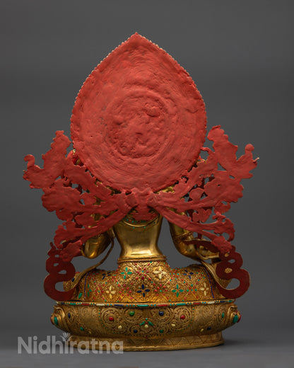 back view Green Tara carved halo with floral motifs and flowing fire gilded robes